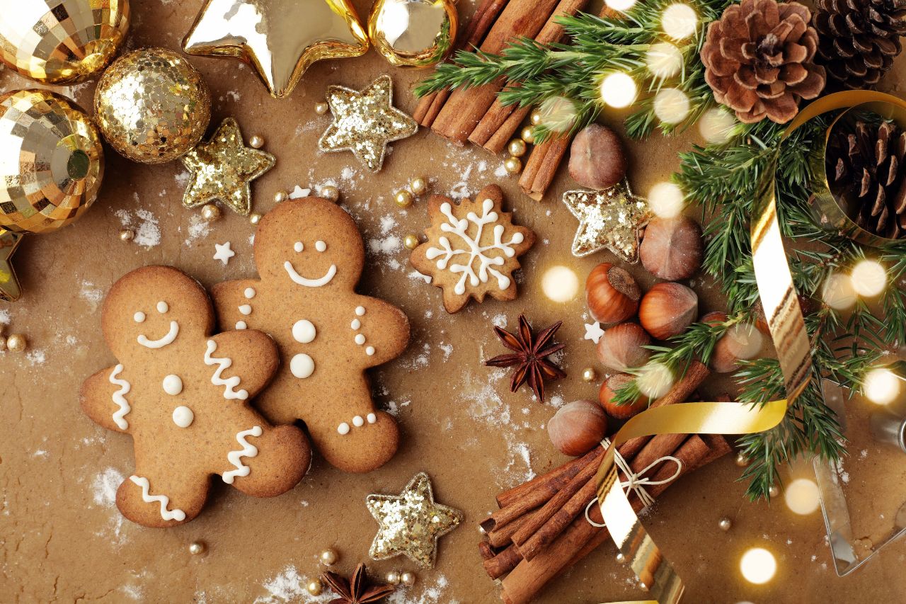 Christmas themed image with gingerbread and baubles